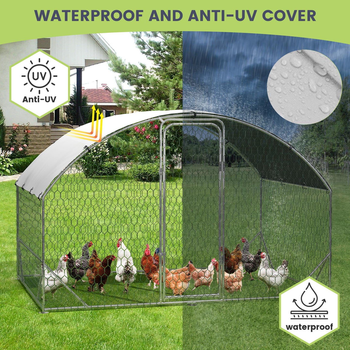 VerisShade Large Metal Chicken Coop, Upgrade Tri-Supporting Metal Chicken Run, Large Chicken Pen with Waterproof and Anti-UV Cover, for Duck Rabbit House Outdoor (9.8' W x 6.5' L x 6.5' H)