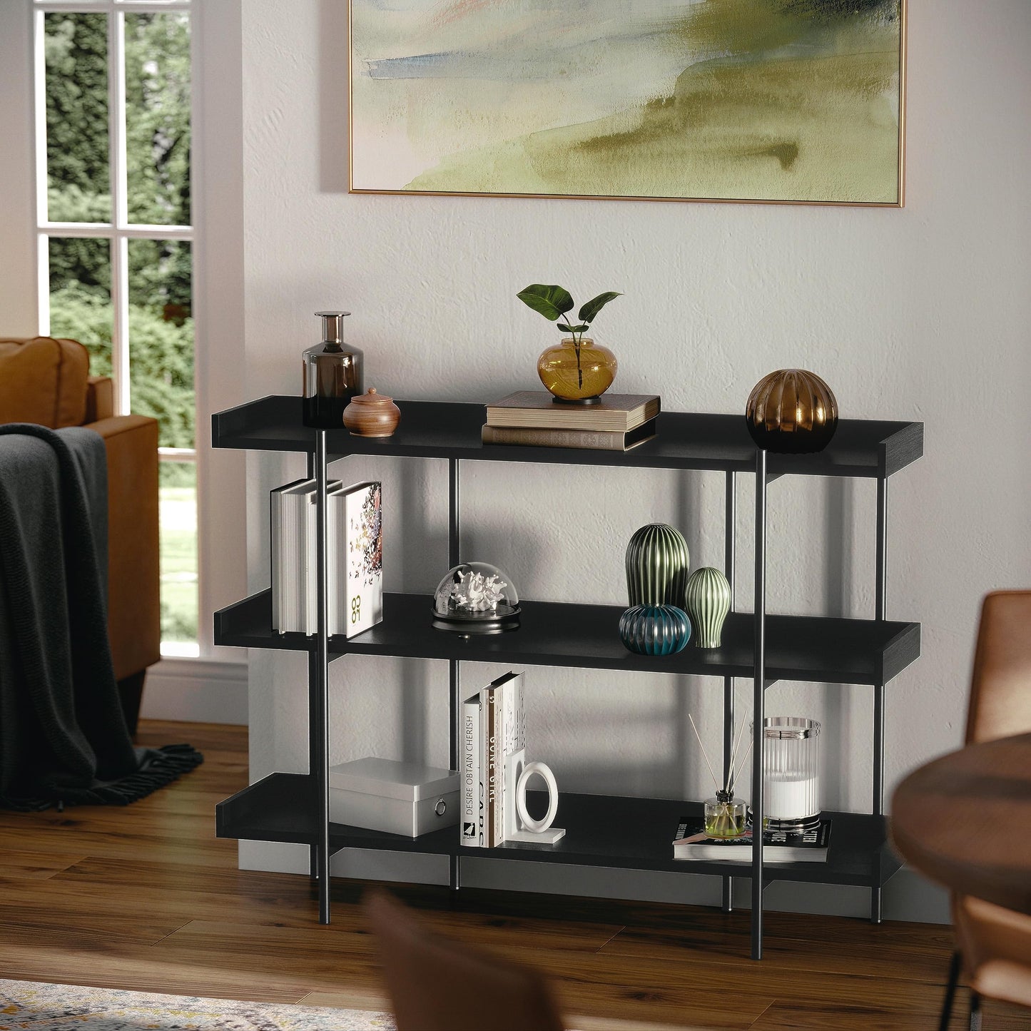 Martha Stewart Emmett 3 Shelf Bookcase with Vertical Metal Frame, Home Office Storage Display Unit, 35" H, Black Wood Grain/Oil Rubbed Bronze