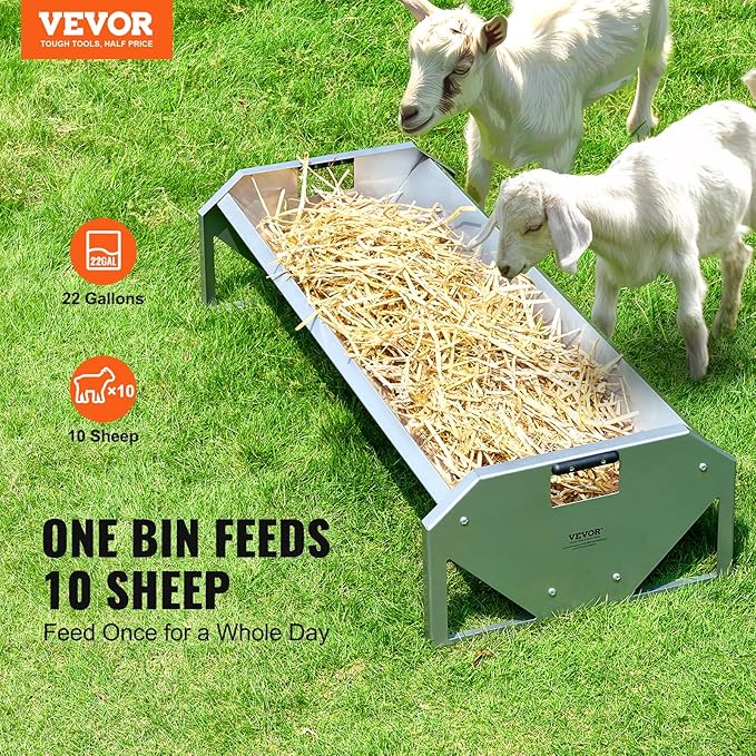 VEVOR Livestock Feeding Trough, 22 Gallon Capacity, 45" Hay Feeder, Heavy Duty Steel Livestock Trough, Galvanized Steel Sheep Feeder Trough Feeding up to 10 Goats for Horse Sheep Hog Farm Sheds Pen