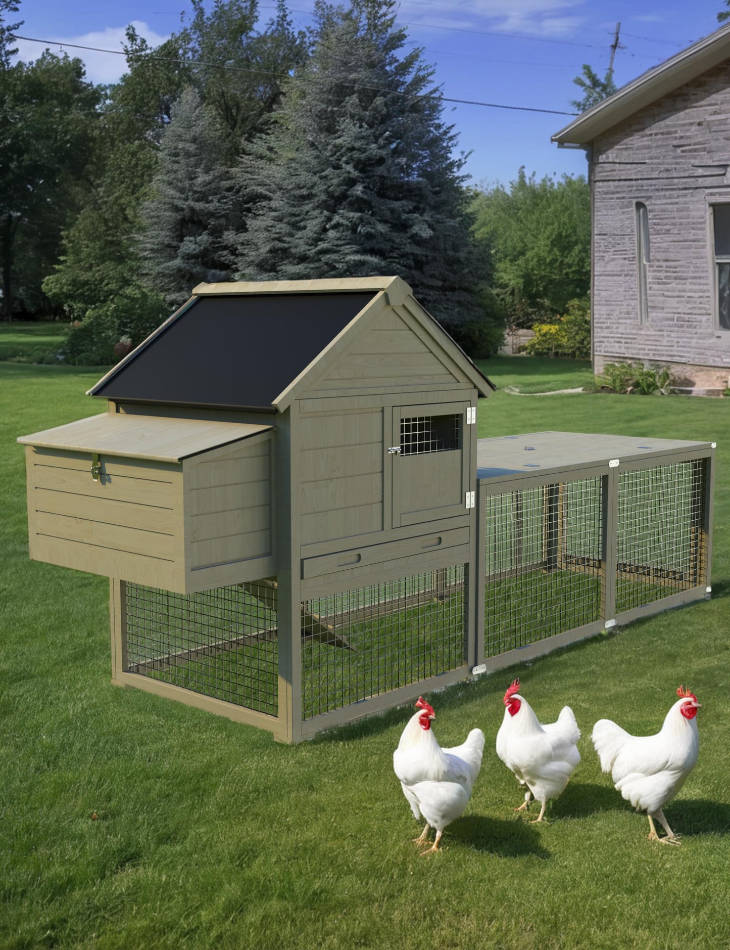 Hipicute Indoor and Outdoor Rabbit Hutch, Rabbit Cage, Chicken Coop Small Animal Pen and Hutch with Anti-UV Waterproof Roof, No Leak Pull Out Tray, Run and Ramp, 109in, Wood Color