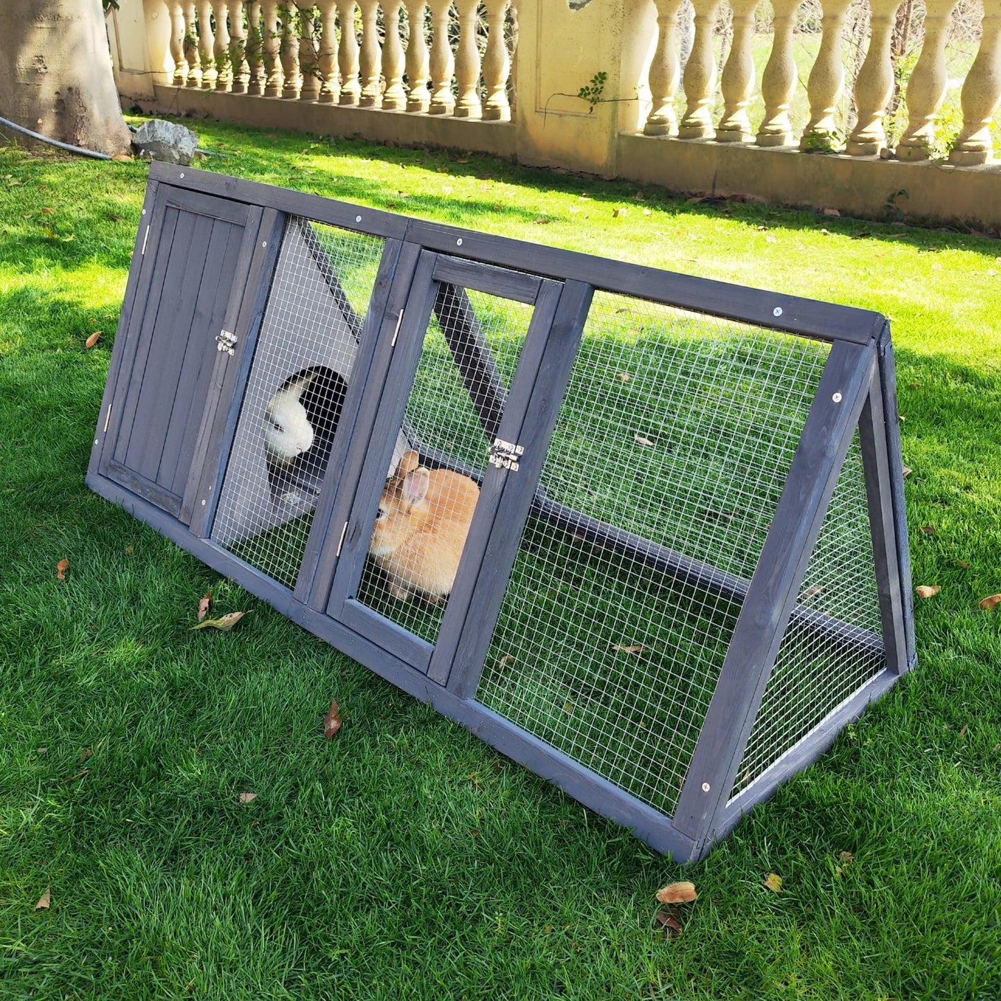 Kecreque Rabbit Hutch Outdoor Chicken Coop Wooden A-Frame Small Animal Cage Quail Cage w/Chicken Run & Ventilated Wire Fence Suitable for Garden Backyard Farms 47 x 18 x 19.5 in (Grey)