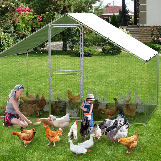 GarveeLife Large Metal Chicken Coop with Waterproof and Anti-UV Cover, Walk-in Poultry Cage, Chicken Pen, Outdoor Chicken Run for Backyard Farm Use, 9.8x6.5x6.5 FT