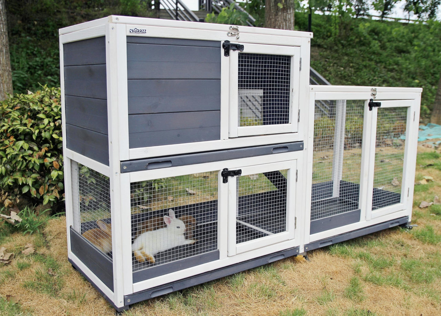 CHURRZZ Indoor and Outdoor Wooden Rabbit Cage, 2-Story, with Wheels, Ramp, 2 Pull-Out Trays, Open Sun Panel Roof, for Rabbits, Guinea Pigs