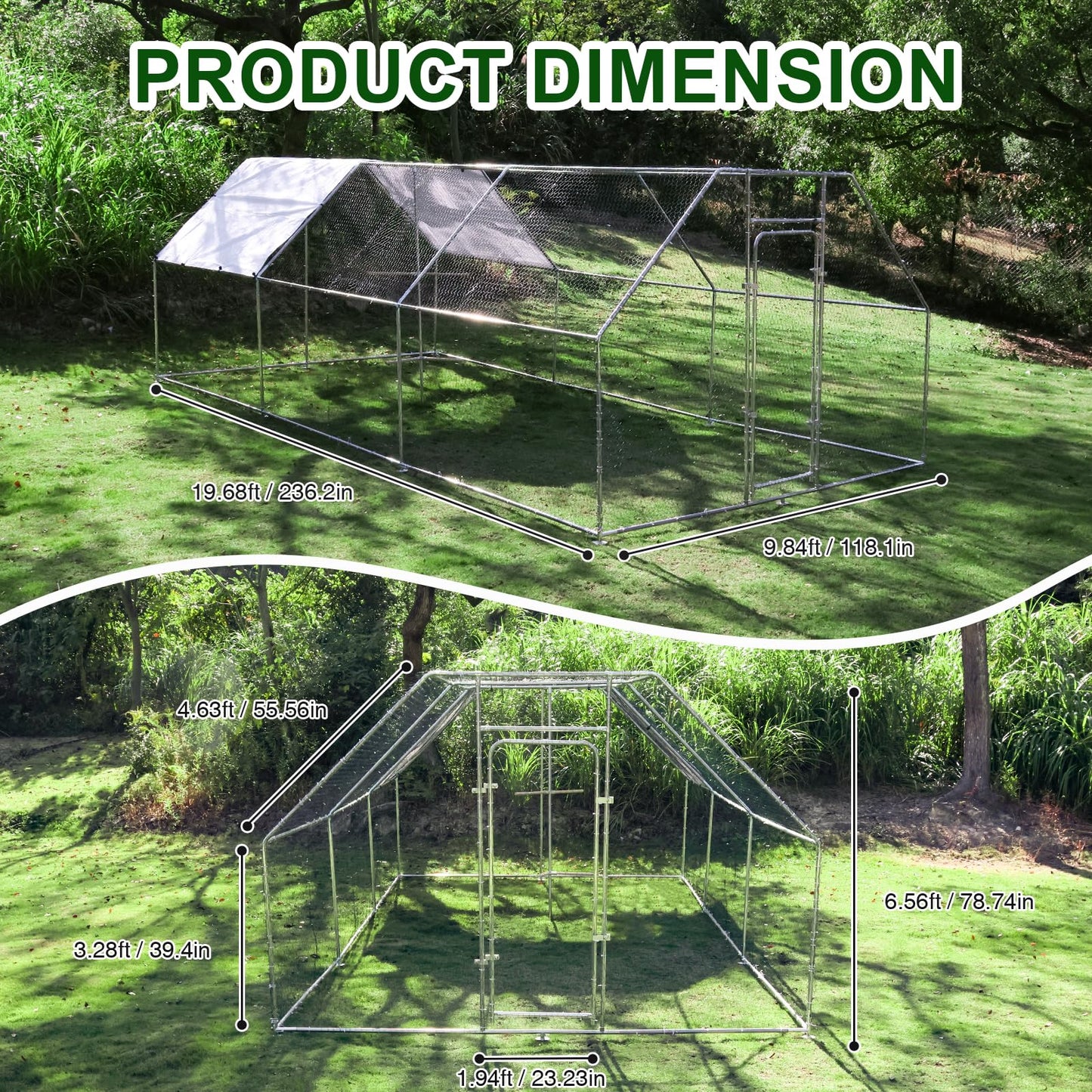 Chicken Coop Large Metal Chicken House/Pen with Climbing Frame for 15-20 Chickens, Outdoor Walk-in Poultry Cage Flat Shape for Ducks, Rabbits, Dogs Etc, Silver (236" L x 117.6" W x 78.7" H)