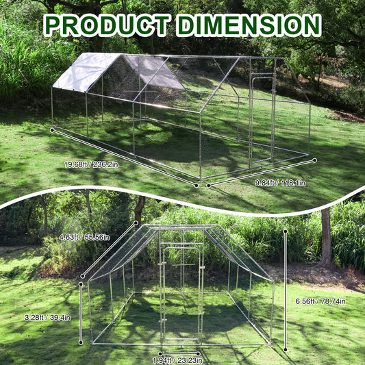 Chicken Coop Large Metal Chicken House/Pen with Climbing Frame for 15-20 Chickens, Outdoor Walk-in Poultry Cage Flat Shape for Ducks, Rabbits, Dogs Etc, Silver (236" L x 117.6" W x 78.7" H)