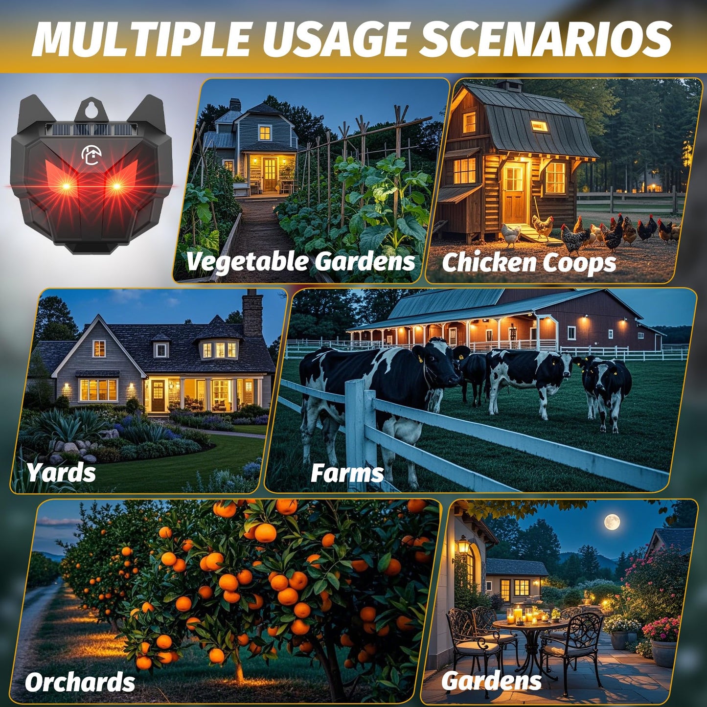 X-octenol Solar Powered Racoon Repellent Devices with Flashing Lights, Waterproof Coyote Deterrent Device Energy-Efficient Predator Lights for Chicken Coop