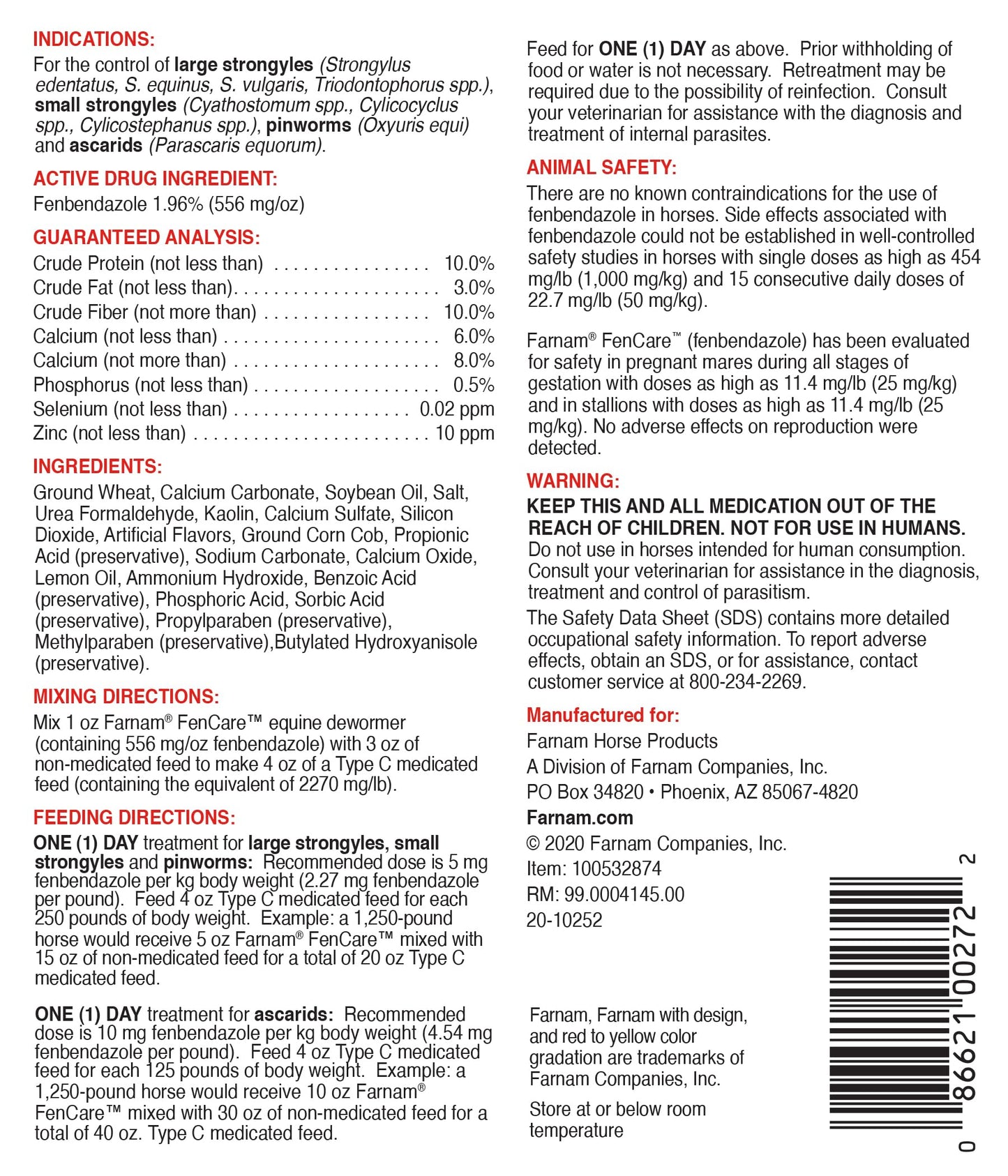 Farnam FenCare Safe-Guard (fenbendazole) 1.96% Type B Medicated Feed Equine Dewormer 5 Ounces