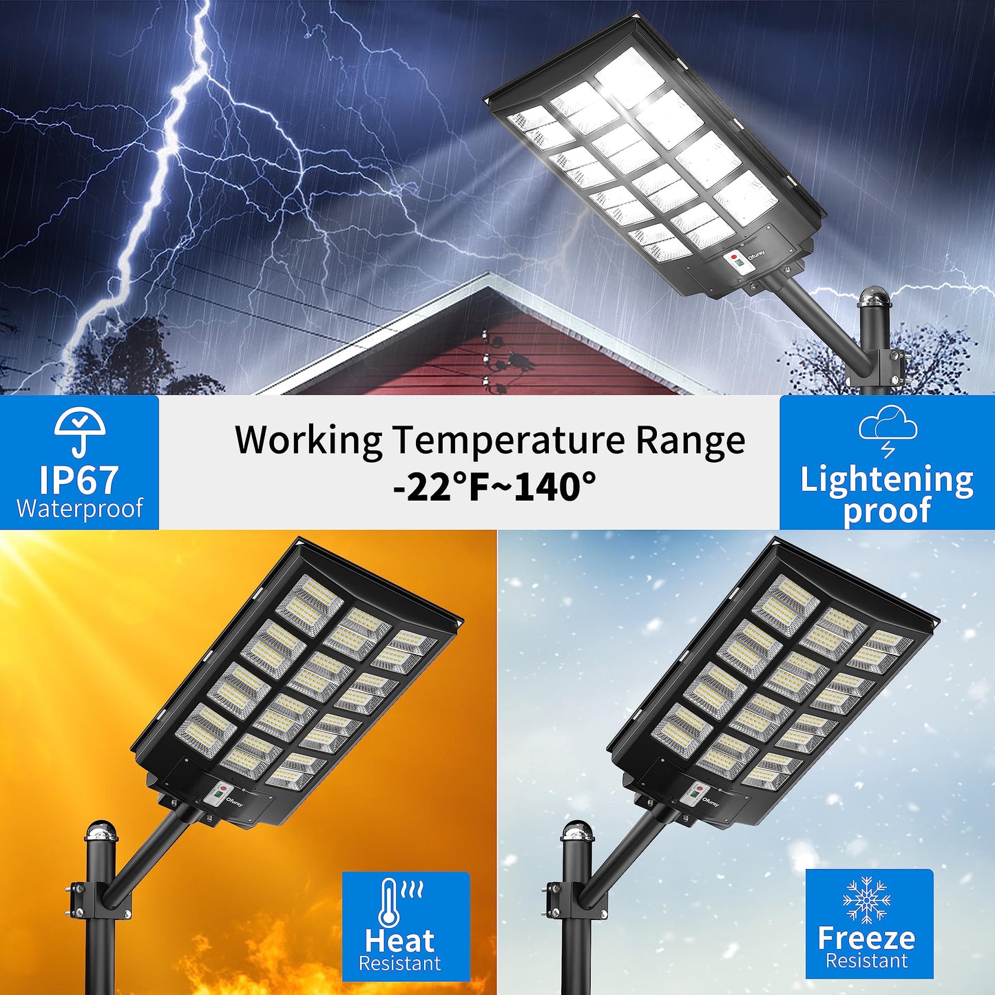 Ofuray Of-9800w Of-5600W and Of-8800W Solar Street Light Outdoor Waterproof,Solar Parking Lot Lights Commercial Dusk to Dawn, 6500k IP67 Street Led with Remote Control for Street,Court,Barn