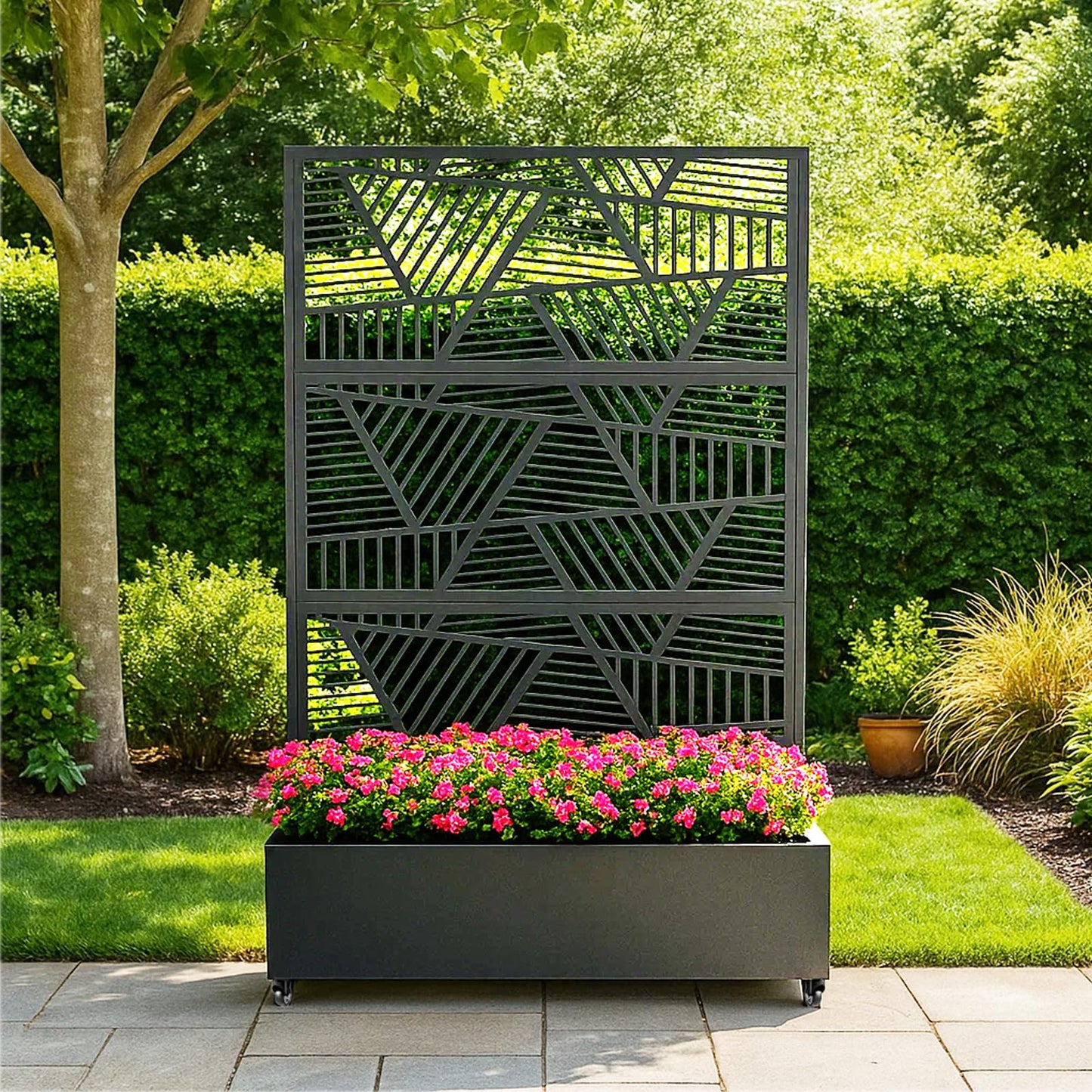 Metal Privacy Screen with Wheels – Galvanized Steel Garden Trellis & Planter Box for Climbing Plants/Vines– Galvanized Raised Garden Bed for Patio, Yard, Balcony