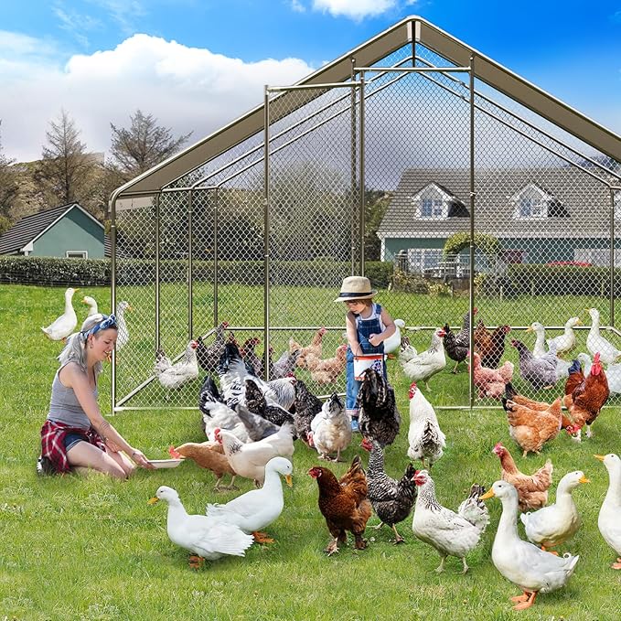 Large Metal Chicken Coop, Large Chicken Pen, Chicken Runs for Yard with Waterproof and Anti-UV Cover, Duck Rabbit House Outdoor (9.8'L x 19.7'W x 6.5'H)