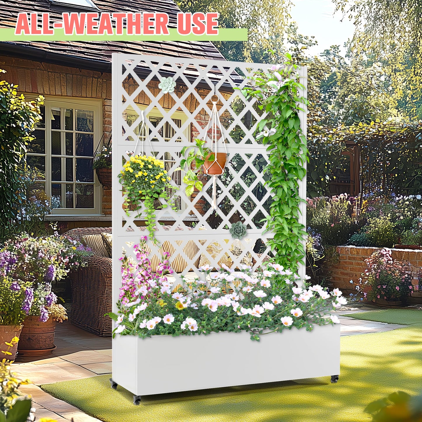 Metal Planter Box with Trellis, Raised Garder Bed with Drainage Hole, Privacy Screen & Trellis for Climbing Plants, Outdoor Plant Stands, 47''L×17''W×73''H, White