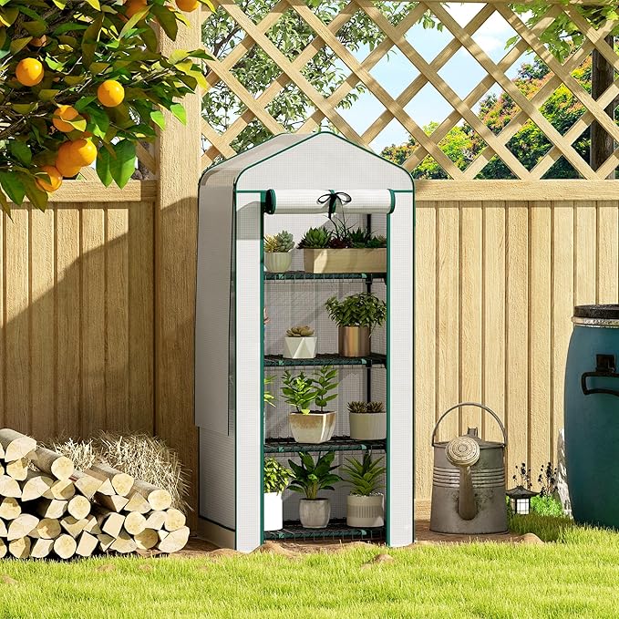 Outsunny 4 Tier Mini Greenhouse with Screen Roof, 27.6" x 19.7" x 62.2", Portable Small Greenhouse with High Strength PE Cover, Roll-Up Zipper Door for Garden Yard Backyard, White