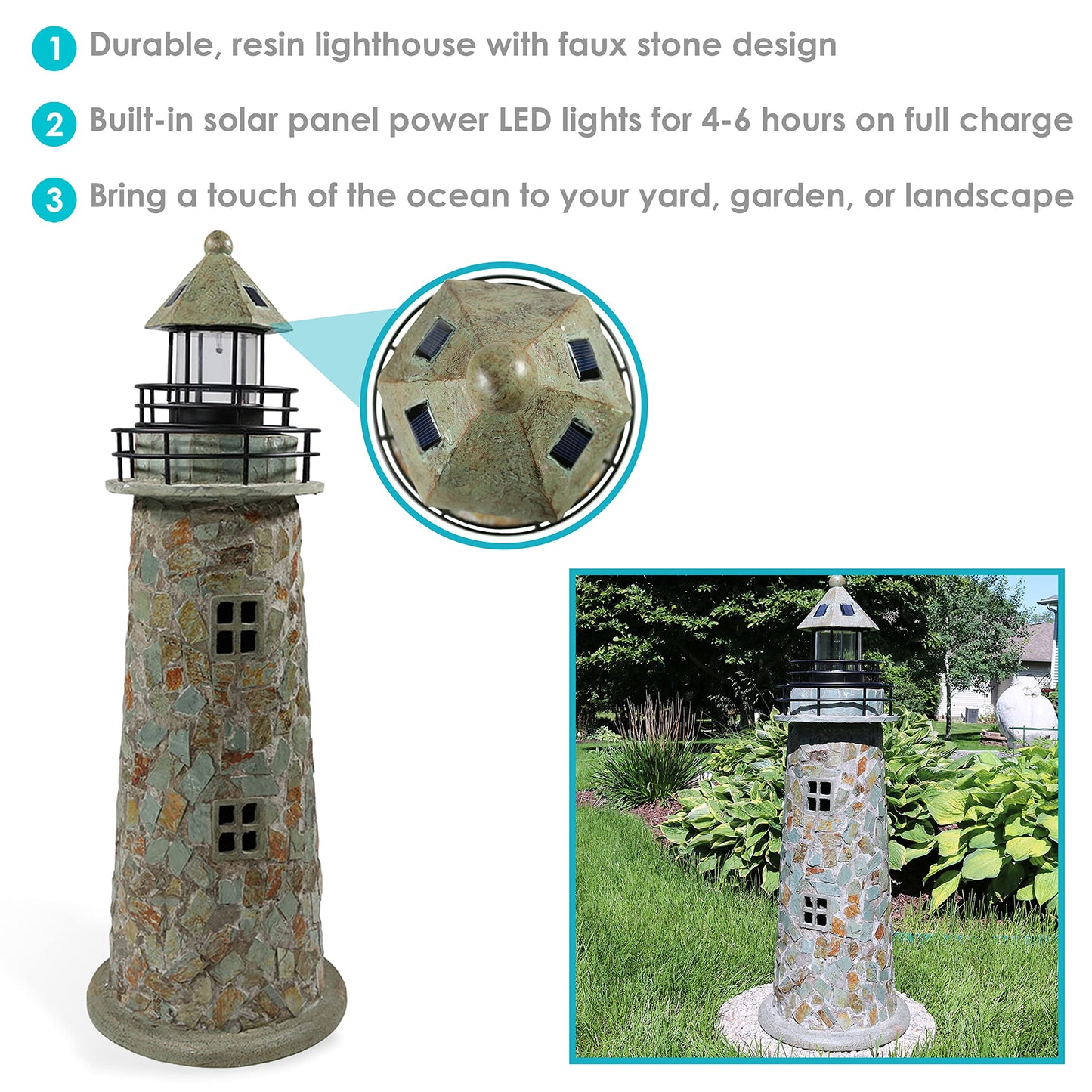 Sunnydaze 35-Inch Outdoor Lighthouse Lamp - Solar Lighthouse Decor with LED Light for Garden, Yard, Patio - Decorative Cobblestone