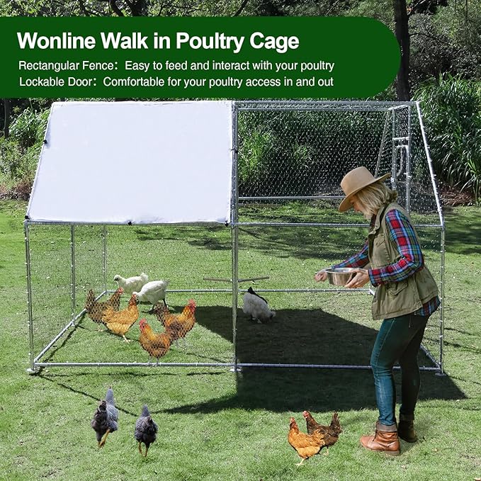 Large Metal Chicken Coop Run with Climbing Frame, Outdoor Walk-in Poultry Cage Flat Top with Waterproof&Anti-UV Cover, for Outdoor Backyard Farm, Silver (118" L x 118" W x 78.7" H)