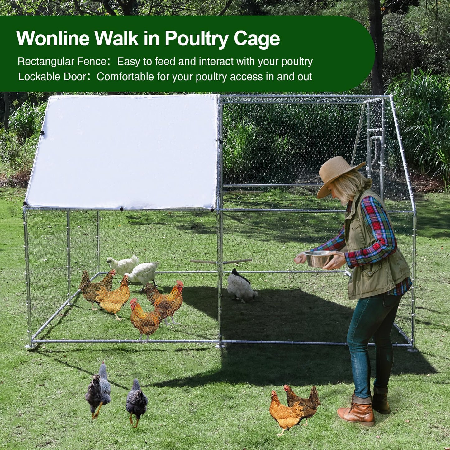 Large Metal Chicken Coop Run with Climbing Frame, Outdoor Walk-in Poultry Cage Flat Top with Waterproof&Anti-UV Cover, for Outdoor Backyard Farm, Silver (118" L x 118" W x 78.7" H)