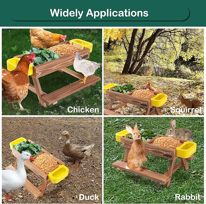 Chicken Feeders and Waterers, Chicken Feeder No Waste Kit with Picnic Table and 2 Water Feeder, Handmade Wooden Chicken Supplies & Accessories for Chicken Coop