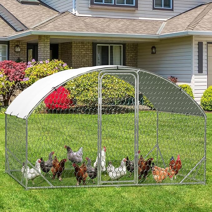 Large Metal Chicken Coop, Walk-in Poultry Cage, Large Chicken Run with Waterproof & Anti-UV Cover, Chicken Coop Run with Lockable Doors for Outdoor, 9.8 x 6.5 x 6.5FT
