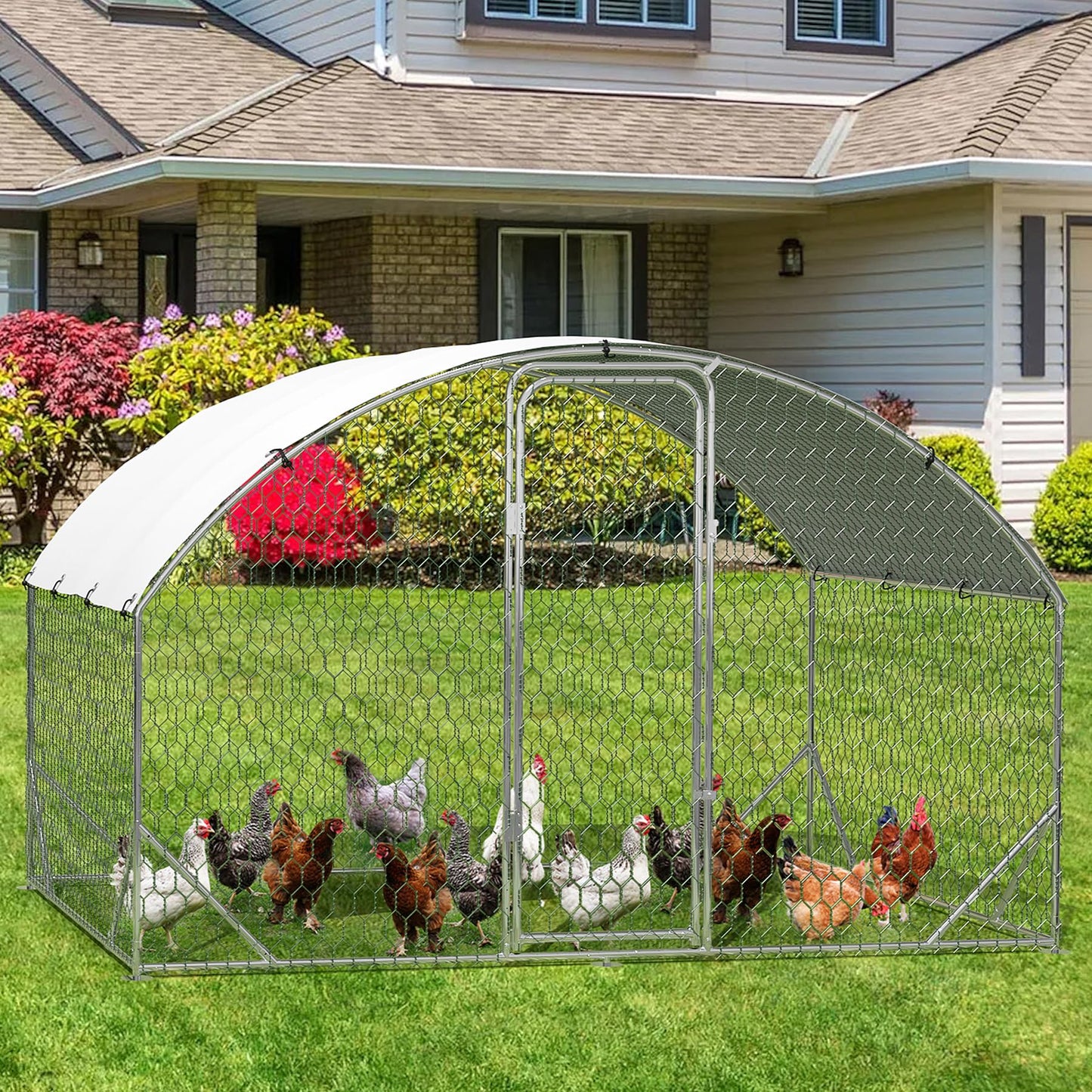 VerisShade Large Metal Chicken Coop, Upgrade Tri-Supporting Metal Chicken Run, Large Chicken Pen with Waterproof and Anti-UV Cover, for Duck Rabbit House Outdoor (9.8' W x 6.5' L x 6.5' H)