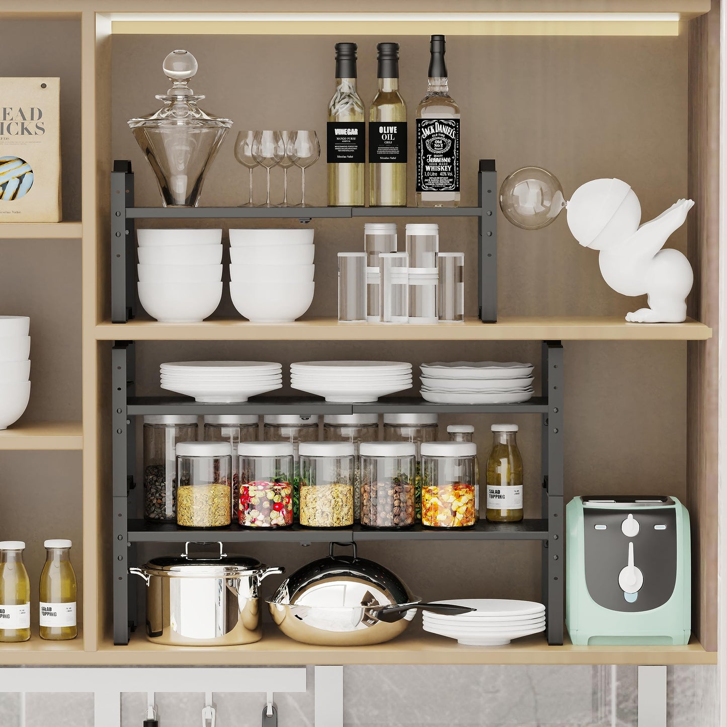 Jojocross Expandable Shelf Cabinet Organizer Adjustable Stackable Spice Rack at Kitchen Bathroom More, Countertop Cupboard Organization Pantry Storage,Metal Plate with Hole (3 Packs/Black, L)