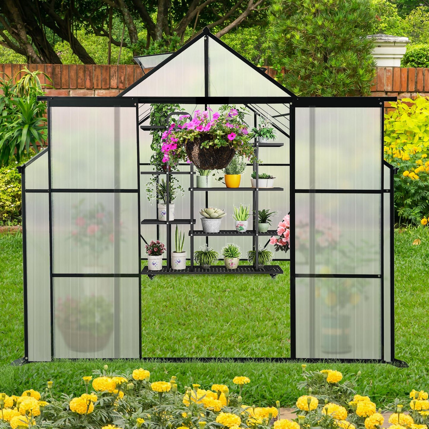 YOPTO 8×10 FT Greenhouse for Outdoors,Backyard Anchor Aluminum Heavy Duty Walk-in Green Houses with Drainage System & Galvanized Frame,Double Sliding Door Polycarbonate Raised Plant Base,Black