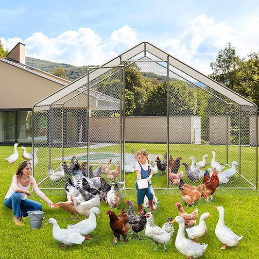 Large Metal Chicken Coop, 13.1ft Large Chicken Runs for Yard with Cover, Spire Roof Metal Chicken Coop with Lock for Outdoor, Backyard, Farm, Duck, Rabbit