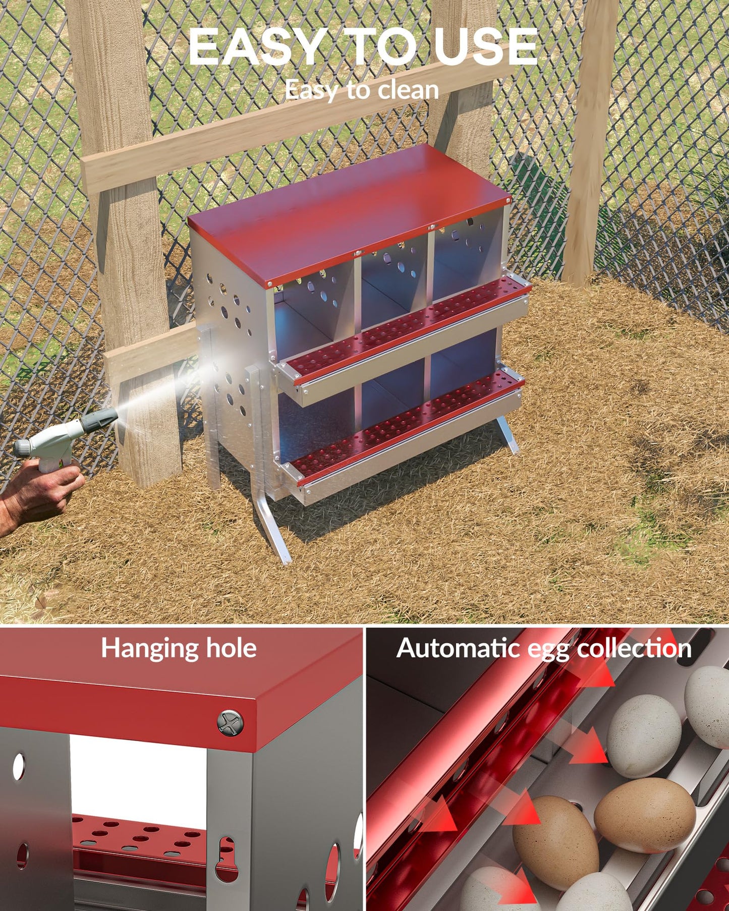 GarveeLife Metal Chicken Nesting Box for Laying Eggs, Rustproof Wall-mountable Roll Away Chicken Laying Boxes for Hens, Waterproof, Ventilated with Perch, 6 Compartments with Legs, Red