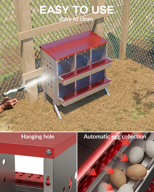 GarveeLife Metal Chicken Nesting Box for Laying Eggs, Rustproof Wall-mountable Roll Away Chicken Laying Boxes for Hens, Waterproof, Ventilated with Perch, 6 Compartments with Legs, Red