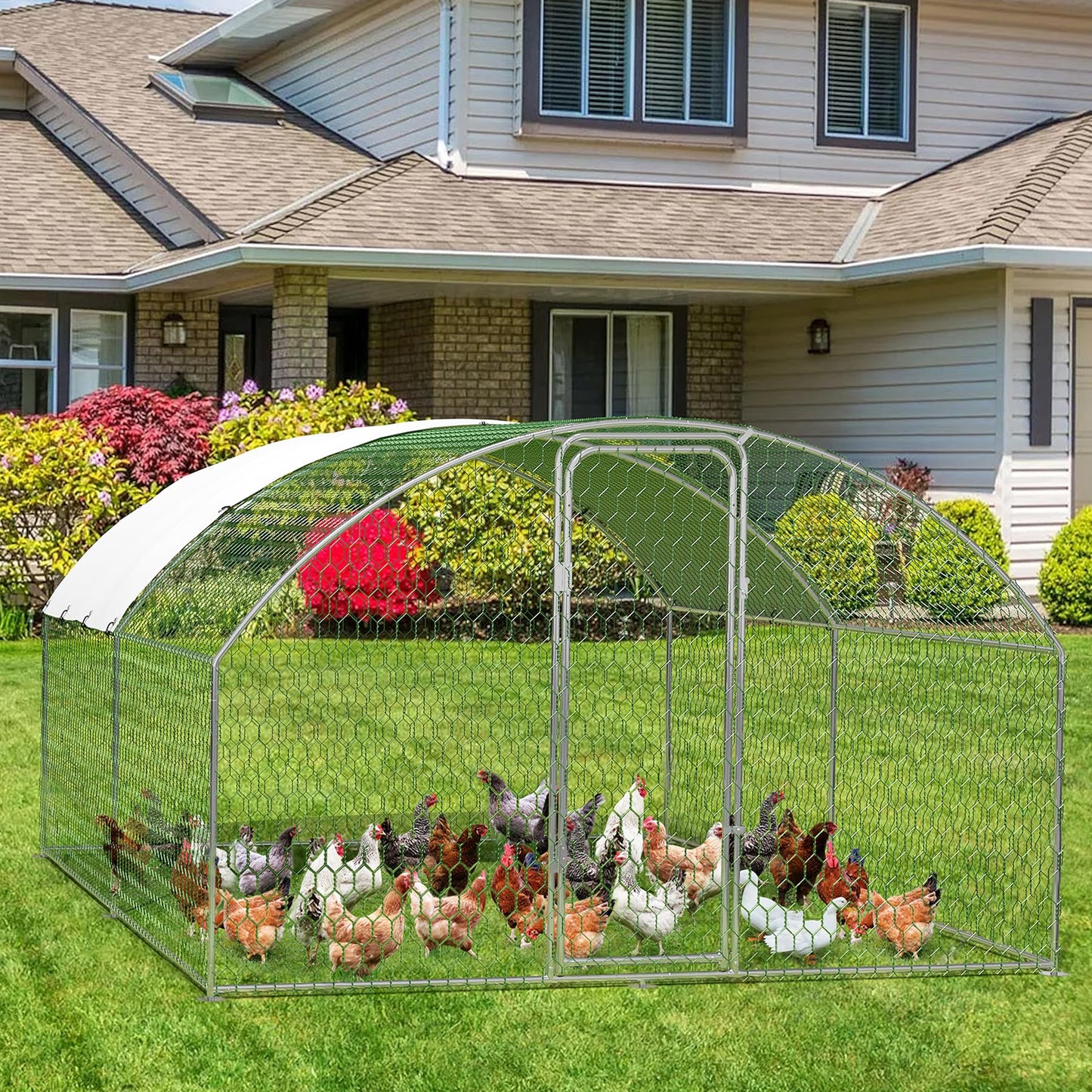Large Metal Chicken Coop, Doom Roof Chicken Run for Yard, Walk-in Poultry Cage with Waterproof and Anti-Uv Cover, Chicken Pen for Outdoor Backyard Farm (9.8x13.1x6.5FT)