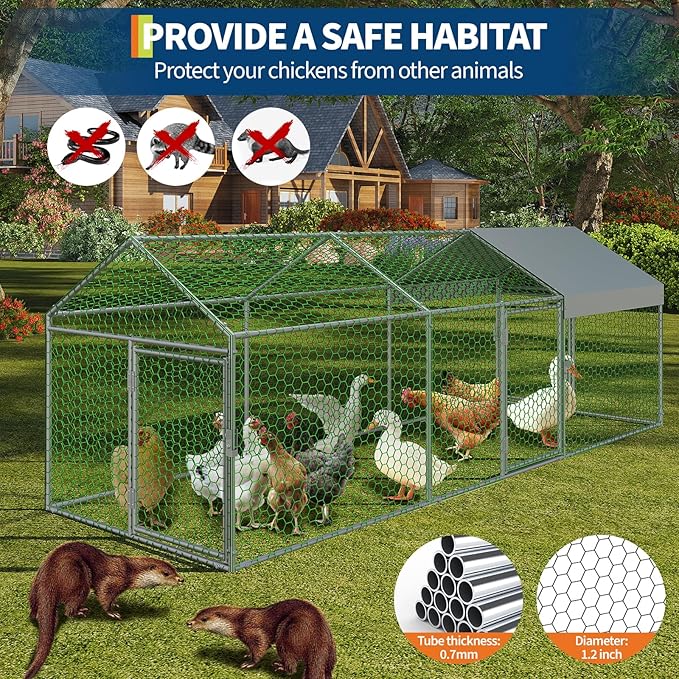 Large Metal Chicken Coop 10' x 3.3" x 3.3" Chicken Runs with Waterproof and Anti-UV Cover,3 Doors,Outdoor Hen House for Yard, Walk in Poultry Cage for Rabbit Duck Goose