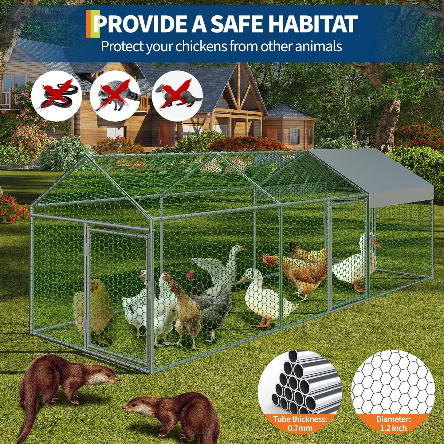Garvee Large Metal Chicken Coop, Chicken Runs for Yard with Waterproof and Anti-UV Cover, Portable Chicken coop for Outdoor Chicken Rabbit Duck, Silver, 120"×40"×40"
