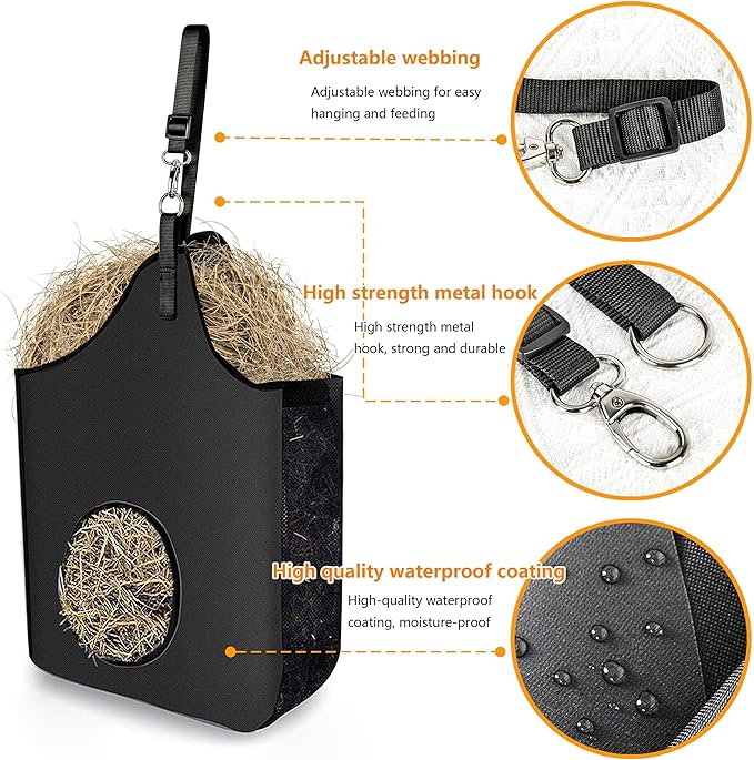 2 Pcs Hay Bag Hanging Goat Feeder Tote Premium Oxford Cloth with Metal Ring and Adjustable Strap for Horses Donkeys Cows Alpacas Ostriches or Other Animals Black