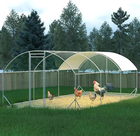 Large Metal Chicken Coop, Walk-in Chicken Run Pen with Waterproof Anti-UV Cover, Dome Roof Poultry Cage for Outdoor, Backyard, Farm (9.84'L x 19.68'W x 6.56' H)