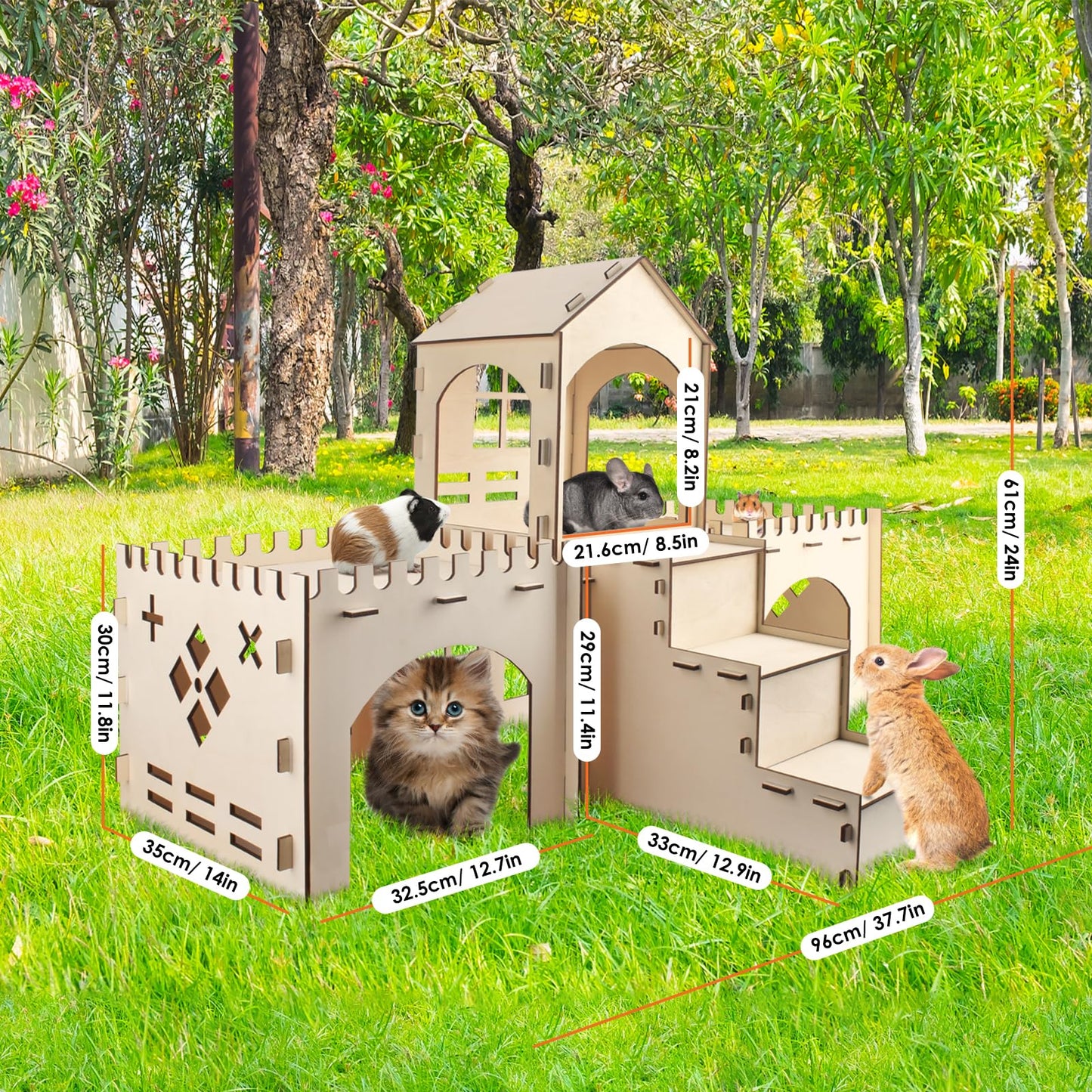 Bissap Wooden Rabbit Hideout Castle, Extra Large Bunny Houses and Hideouts Indoor Outdoor Rabbit Hidey Habitat for Bunnies Chinchillas Hamsters Guinea Pigs Detachable Small Animal Play Hideaway Hut