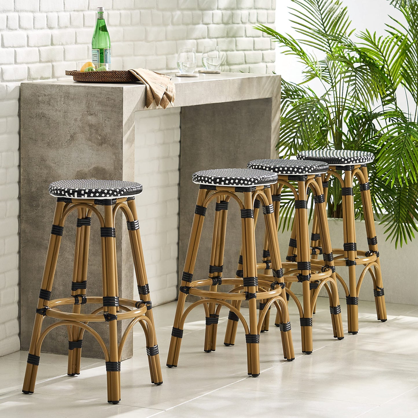 Christopher Knight Home Starla Outdoor 29.5 Inch Barstools - Aluminum and Wicker - Black/White/Bamboo Finish (Set of 4)
