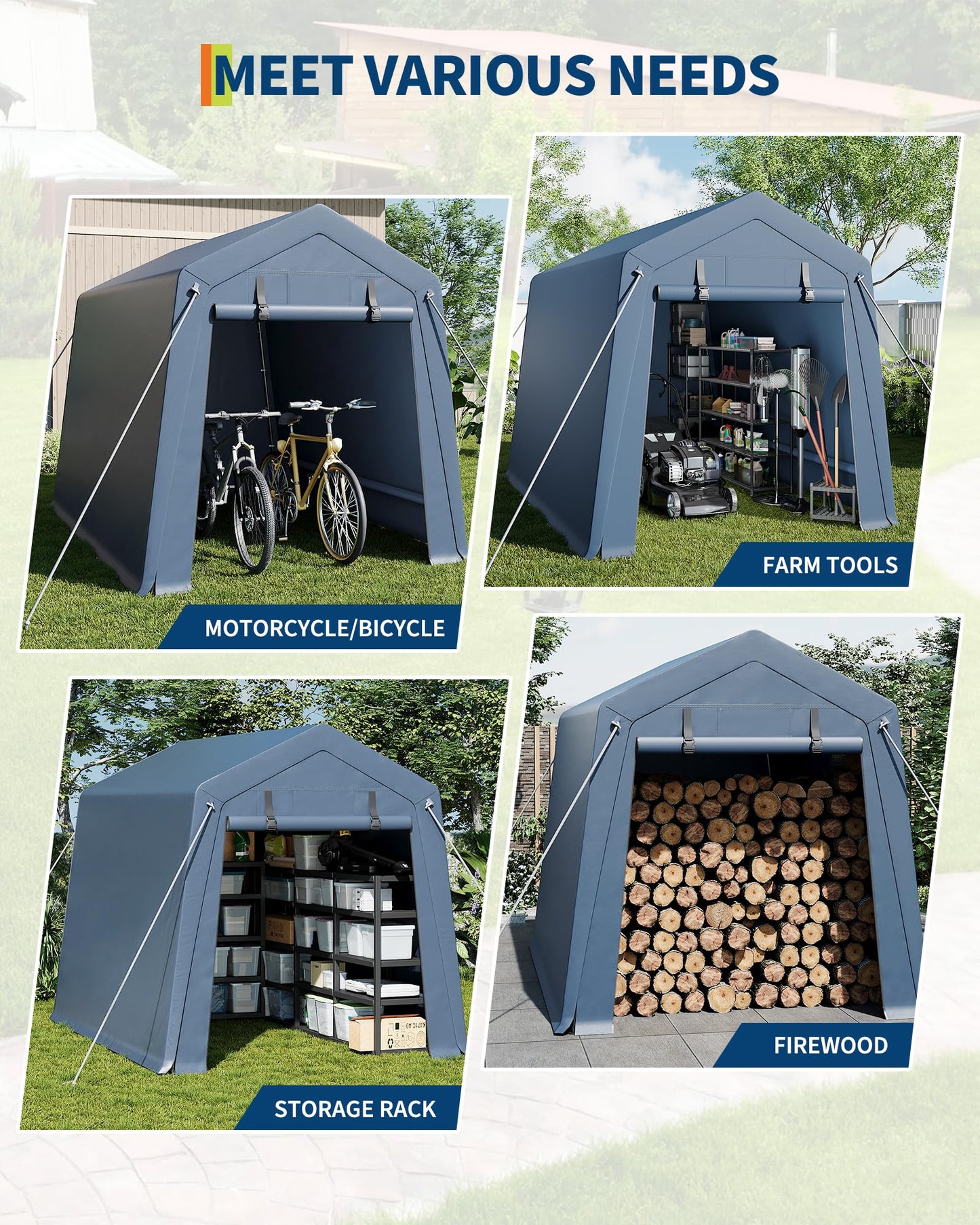 6x8 FT Outdoor Storage Shed, Portable Carport with Roll-up Ventilated Zipper Door and Windows, Heavy Duty Waterproof Tarp, Storage Sheds for Motorcycle, Bike, Firewood, Garden Tools