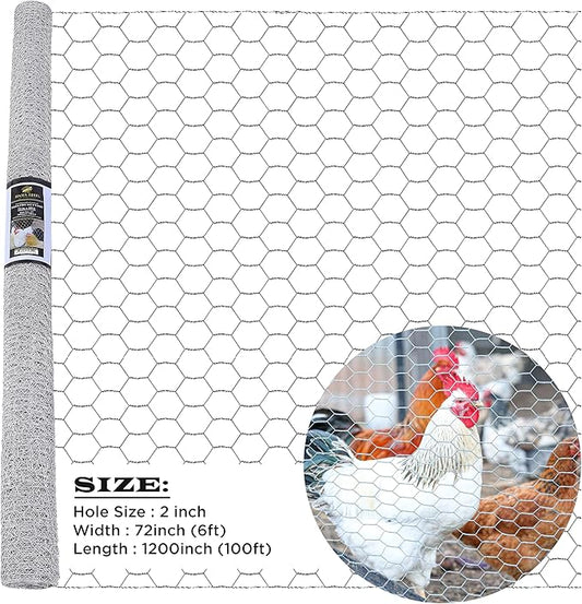 Chicken Wire 72 in x 100 FT x 2” Mesh x 20GA | Poultry Wire Netting | Hot Dipped Galvanised | Hexagonal Galvanized Mesh for Chicken Coop, Rabbit Cage, Fence Barrier PM72x100x2