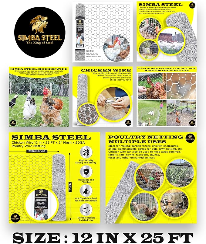 Chicken Wire 12 in x 25 FT x 2” Mesh x 20GA | Poultry Wire Netting | Hot Dipped Galvanised | Hexagonal Galvanized Mesh for Chicken Coop, Rabbit Cage, Fence Barrier PM12x25x2