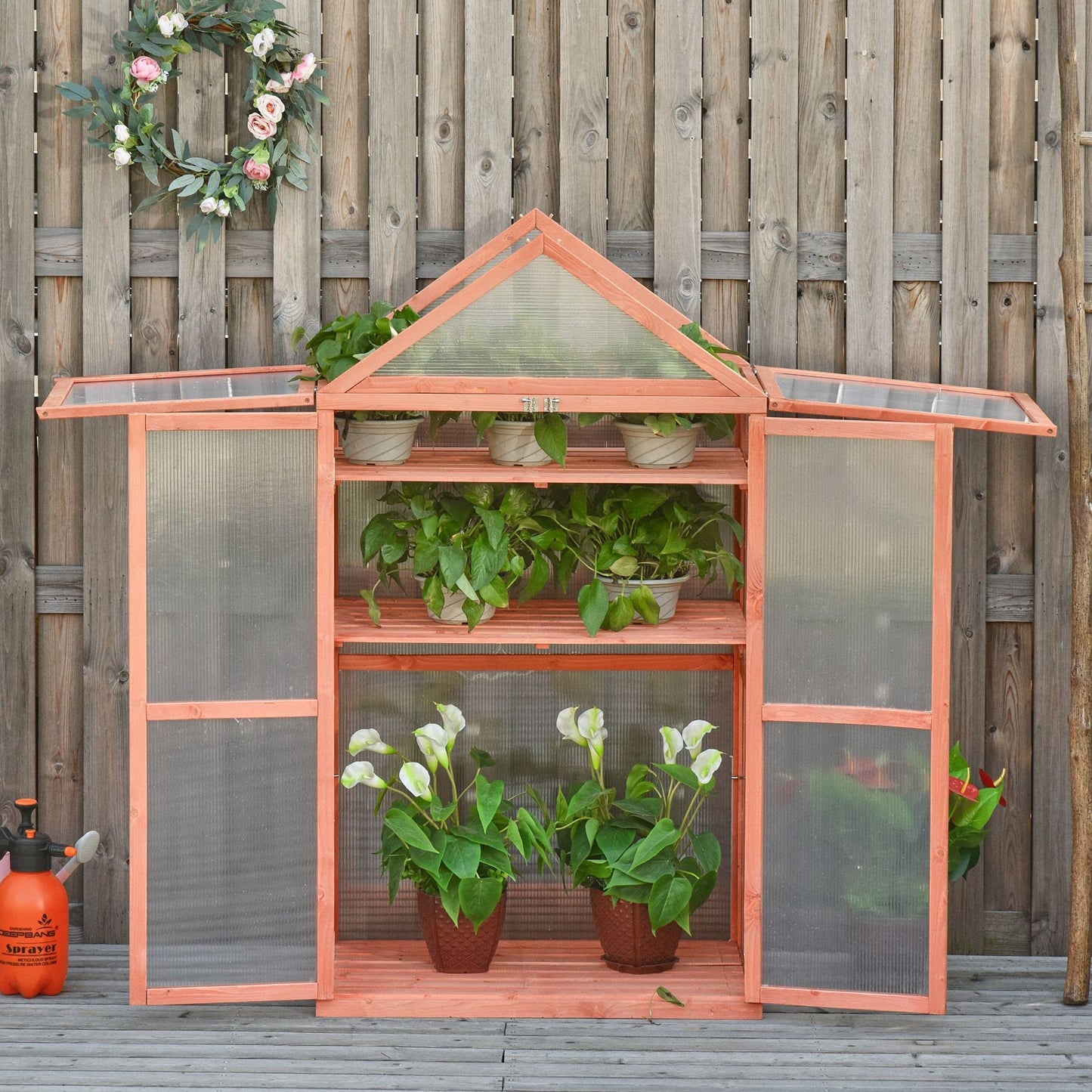 Outsunny 32" x 19" x 54" Garden Wood Cold Frame Greenhouse Flower Planter with Adjustable Shelves, Double Doors, Orange