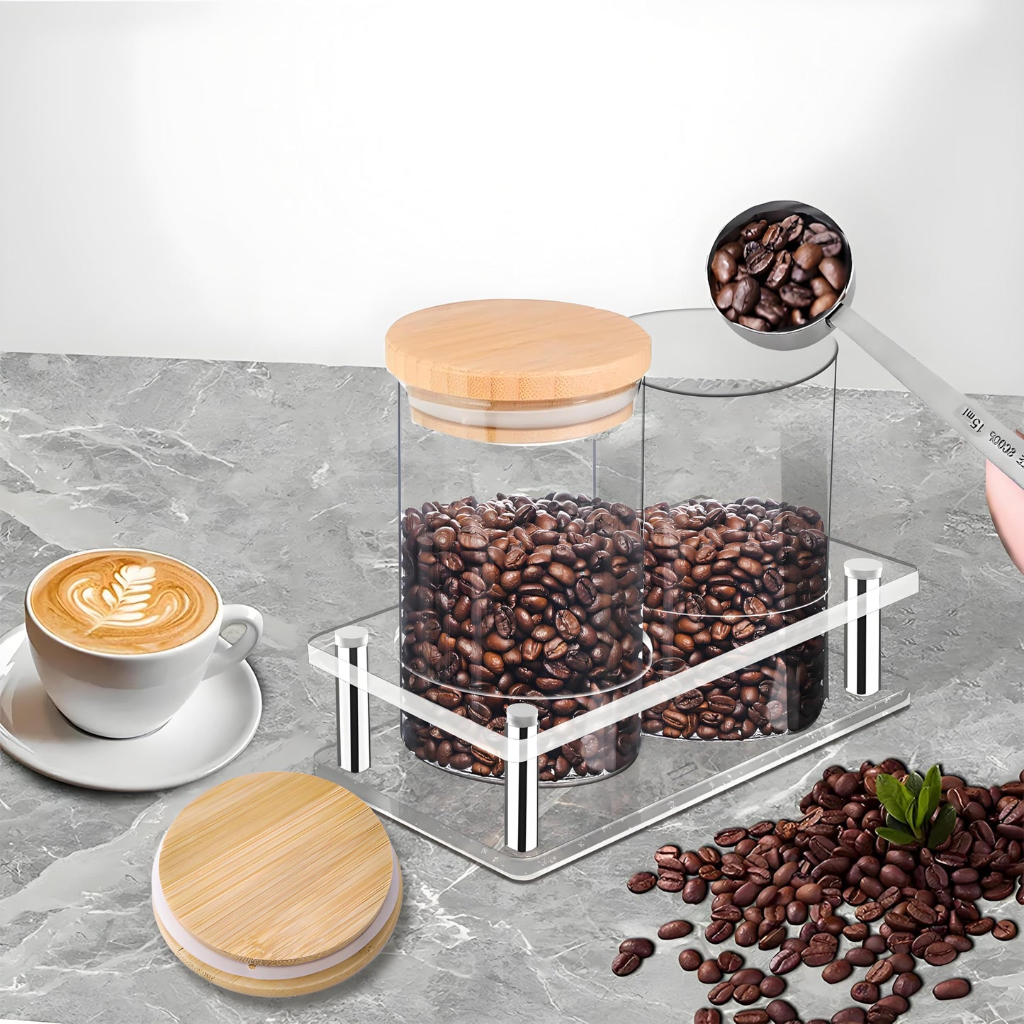 Pahdecor Glass Coffee Containers with Acrylic Shelf, 2pcs 44oz Food Storage Containers with Airtight Lids for Kitchen, Sugar, Nut, Tea