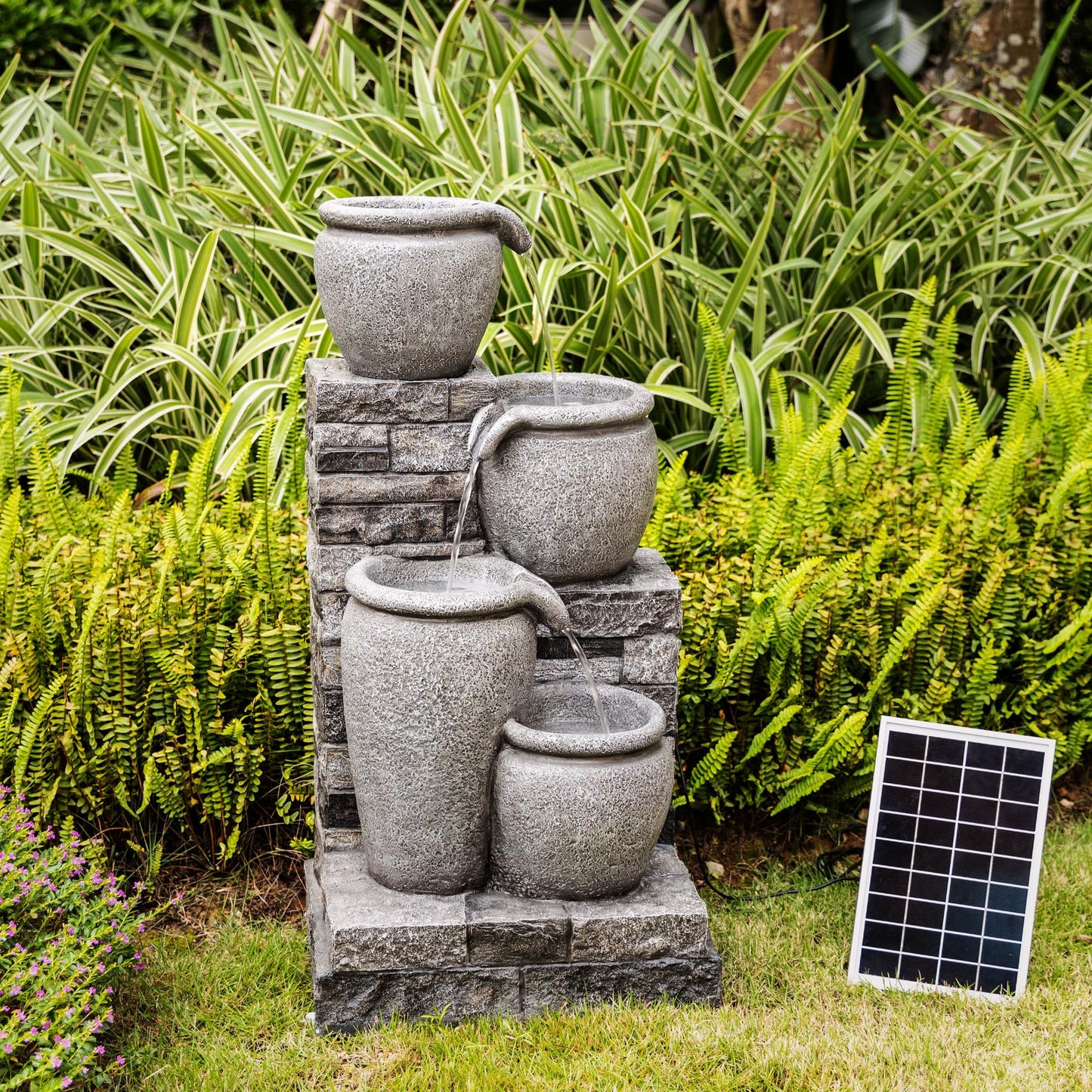 Teamson Home 30.7" 4-Tier Cascading Bowl Solar Powered Water Fountain for Outdoor Living Spaces, Gray