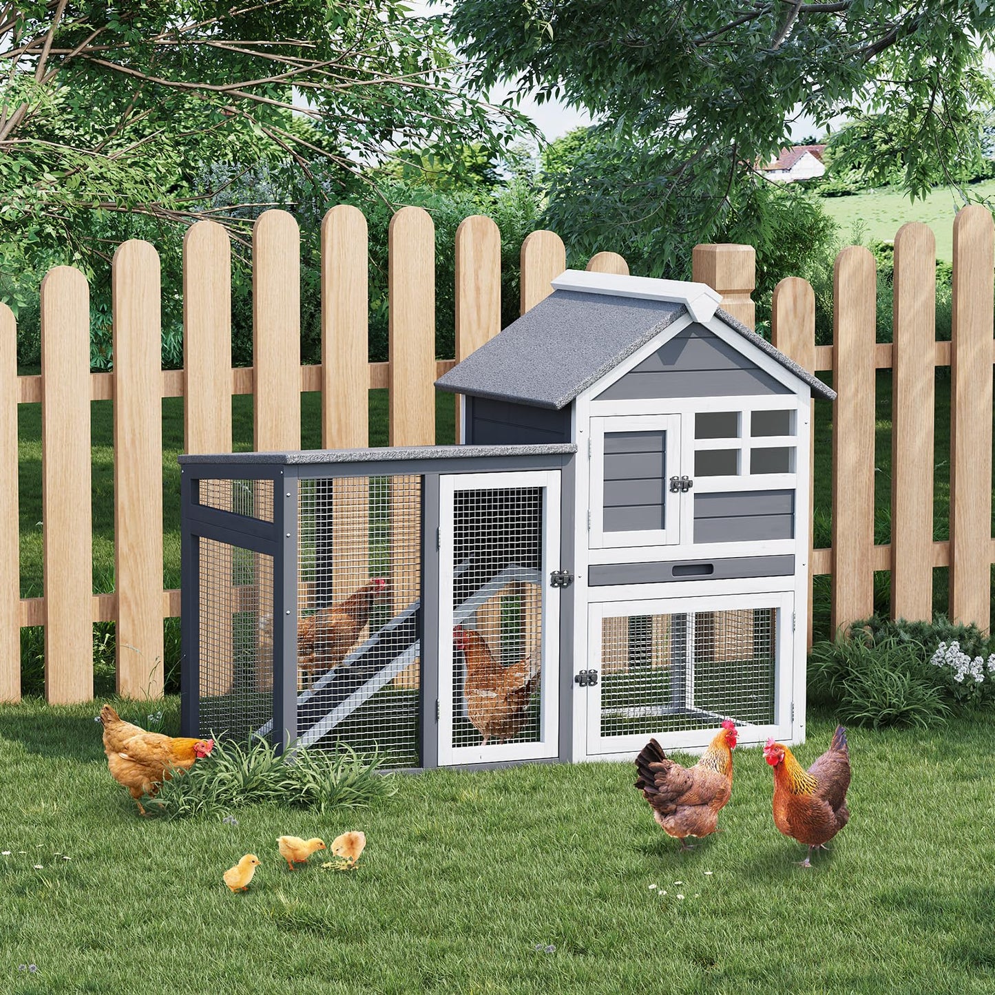 GarveeLife Small Wooden Chicken Coop, 2-Story Rabbit Hutch Indoor Outdoor with Waterproof Roof, Bunny Cage with Pull Out Tray and a Wooden Ramp