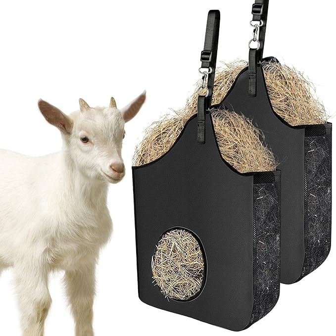 2 Pcs Hay Bag Hanging Goat Feeder Tote Premium Oxford Cloth with Metal Ring and Adjustable Strap for Horses Donkeys Cows Alpacas Ostriches or Other Animals Black