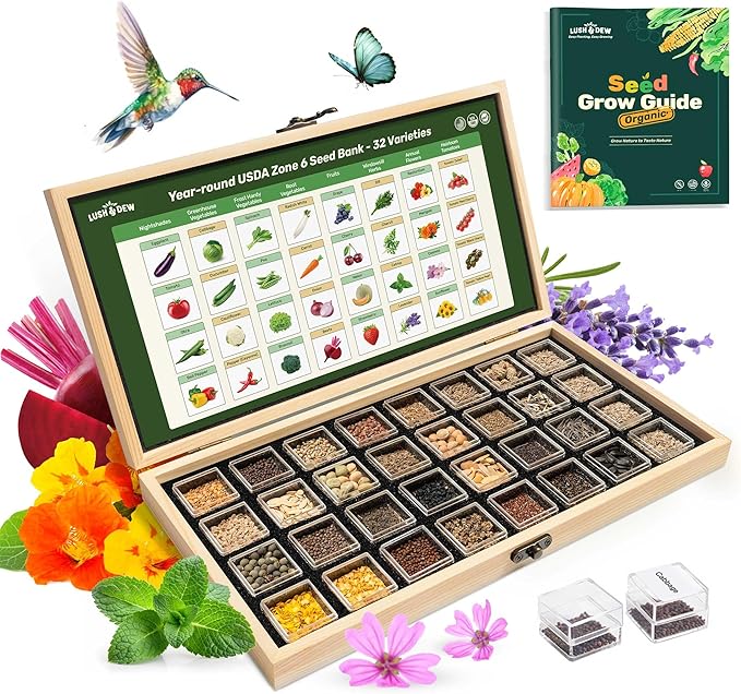Lush&Dew Year-Round USDA Zone 6 Seed Bank, 32 Varieties Non-GMO Heirloom Seeds of Vegetables, Herbs, Gardening Gifts for Women Men, Emergency Survival Kit for Raised Garden Bed, Greenhouse