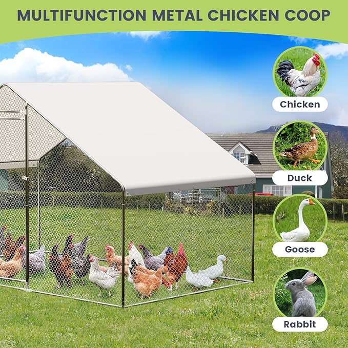 Large Metal Chicken Coop, Large Chicken Pen, Chicken Runs for Yard with Waterproof and Anti-UV Cover, Duck Rabbit House Outdoor (9.8'L x 6.5'W x 6.5'H)