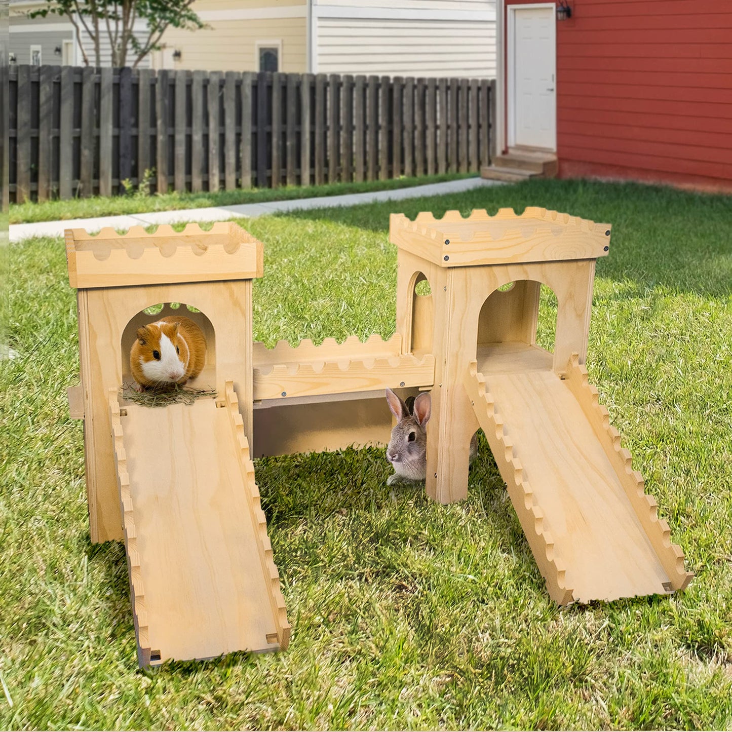 Extra Large Wooden Rabbit Castle Hideaway Tunnel and Bed Small Animal Hideaway Hut Solid Safe Construction Play Hideaway Hut for Rabbit Guinea Pig Chinchilla