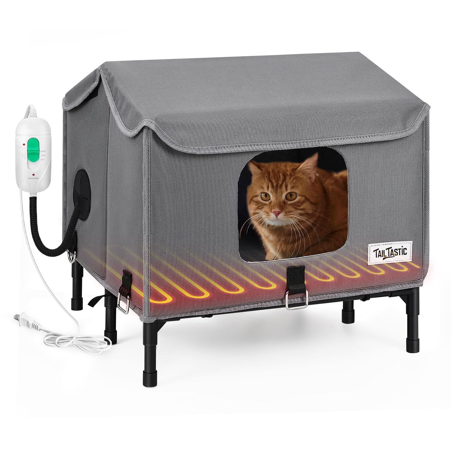 Tailtastic Heated Outdoor Cat House,Weather-Resistant Insulated Cat Shelter with Elevated Stand,Winter-Ready for Stray Cats, No Assembly Needed,17"x15"x13" (Grey)
