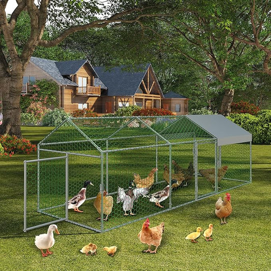Metal Chicken Coop, 120" x40" x40" Large Chicken Run with 3 Doors, Outdoor Hen House for Yard with Waterproof and Anti-UV Cover, Walk in Poultry Cage for Rabbit Duck Goose, Silver