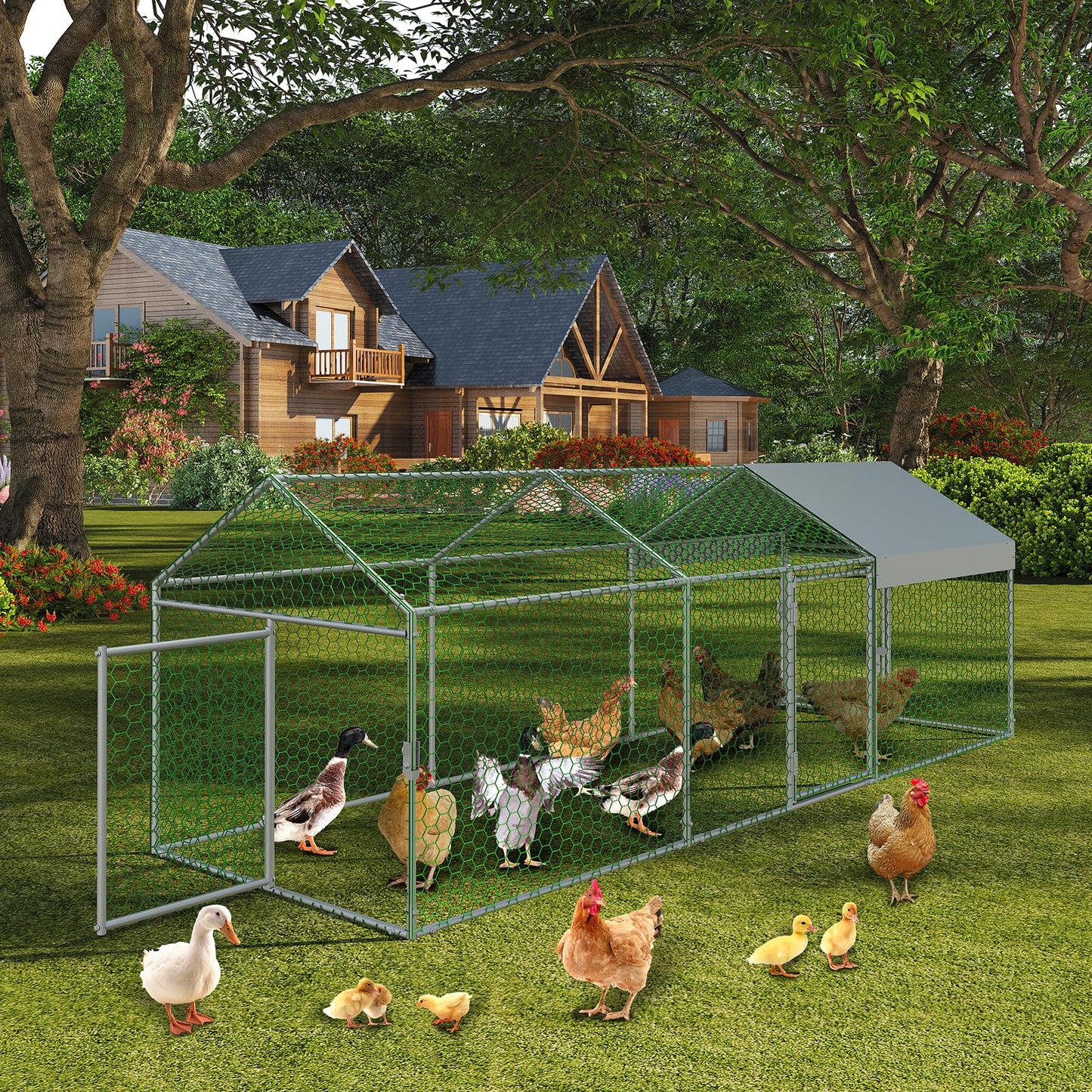 Garvee Large Metal Chicken Coop, Chicken Runs for Yard with Waterproof and Anti-UV Cover, Portable Chicken coop for Outdoor Chicken Rabbit Duck, Silver, 120"×40"×40"