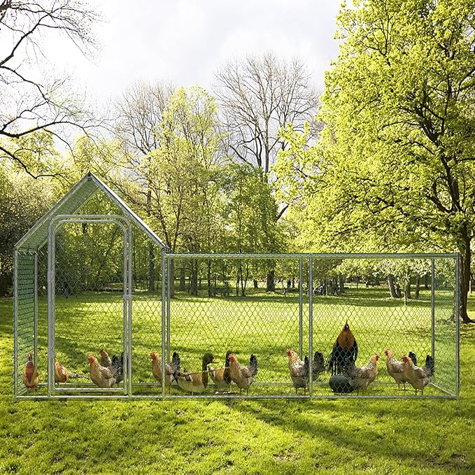 Large Metal Chicken Coop, Chicken Run with Cover, Walk-in Poultry Cage for Yard Outdoor Duck Rabbit Cage