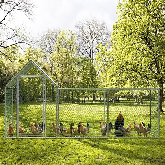 Large Metal Chicken Coop, Chicken Run with Cover, Walk-in Poultry Cage for Yard Outdoor Duck Rabbit Cage